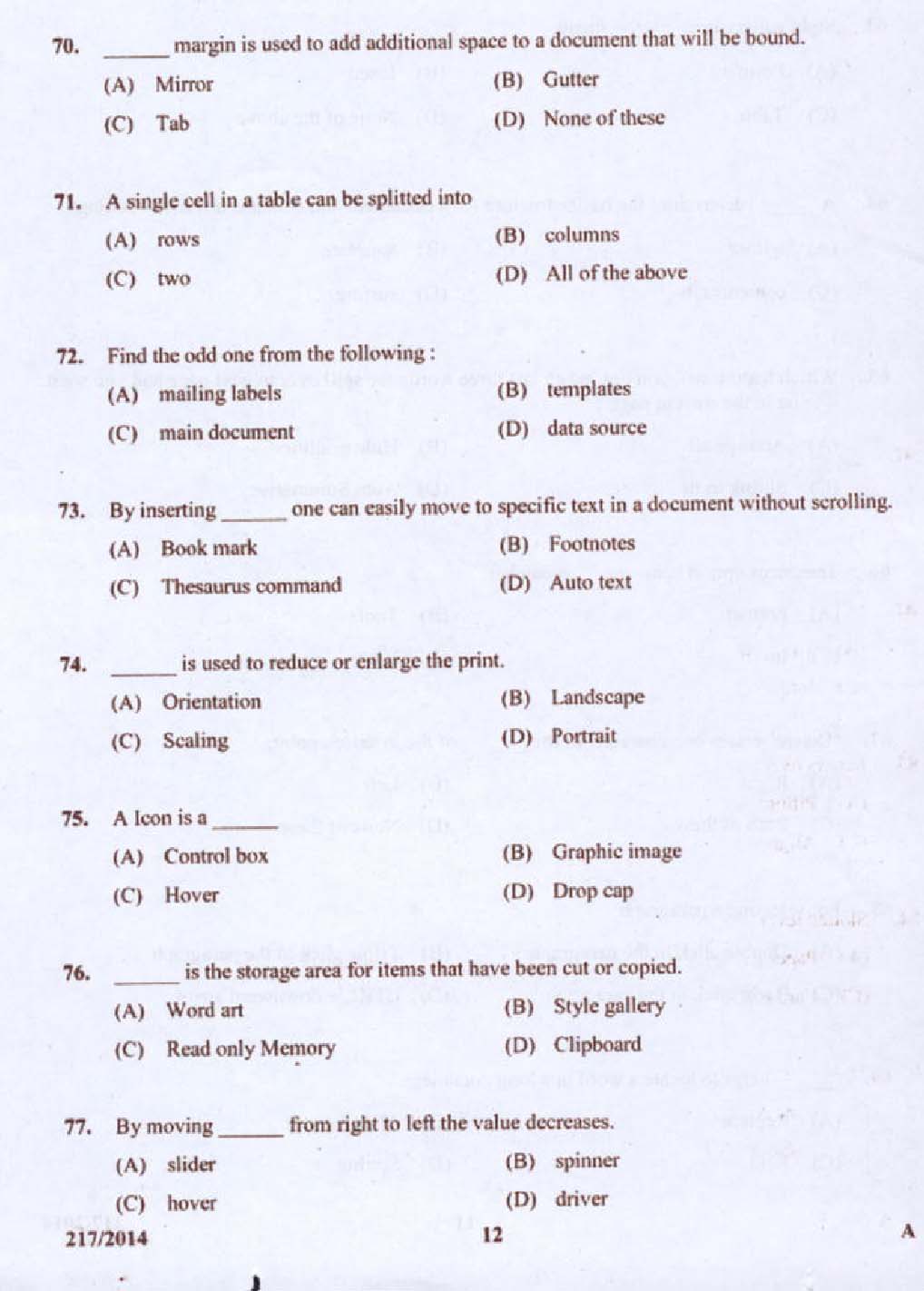 Kerala PSC Stenographer Exam 2014 Question Paper Code 2172014 12