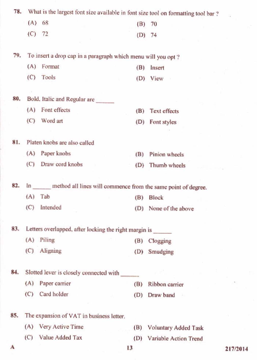 Kerala PSC Stenographer Exam 2014 Question Paper Code 2172014 13