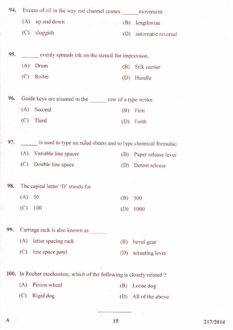 Kerala PSC Stenographer Exam 2014 Question Paper Code 2172014 15