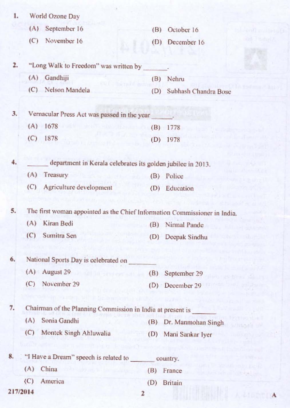 Kerala PSC Stenographer Exam 2014 Question Paper Code 2172014 2