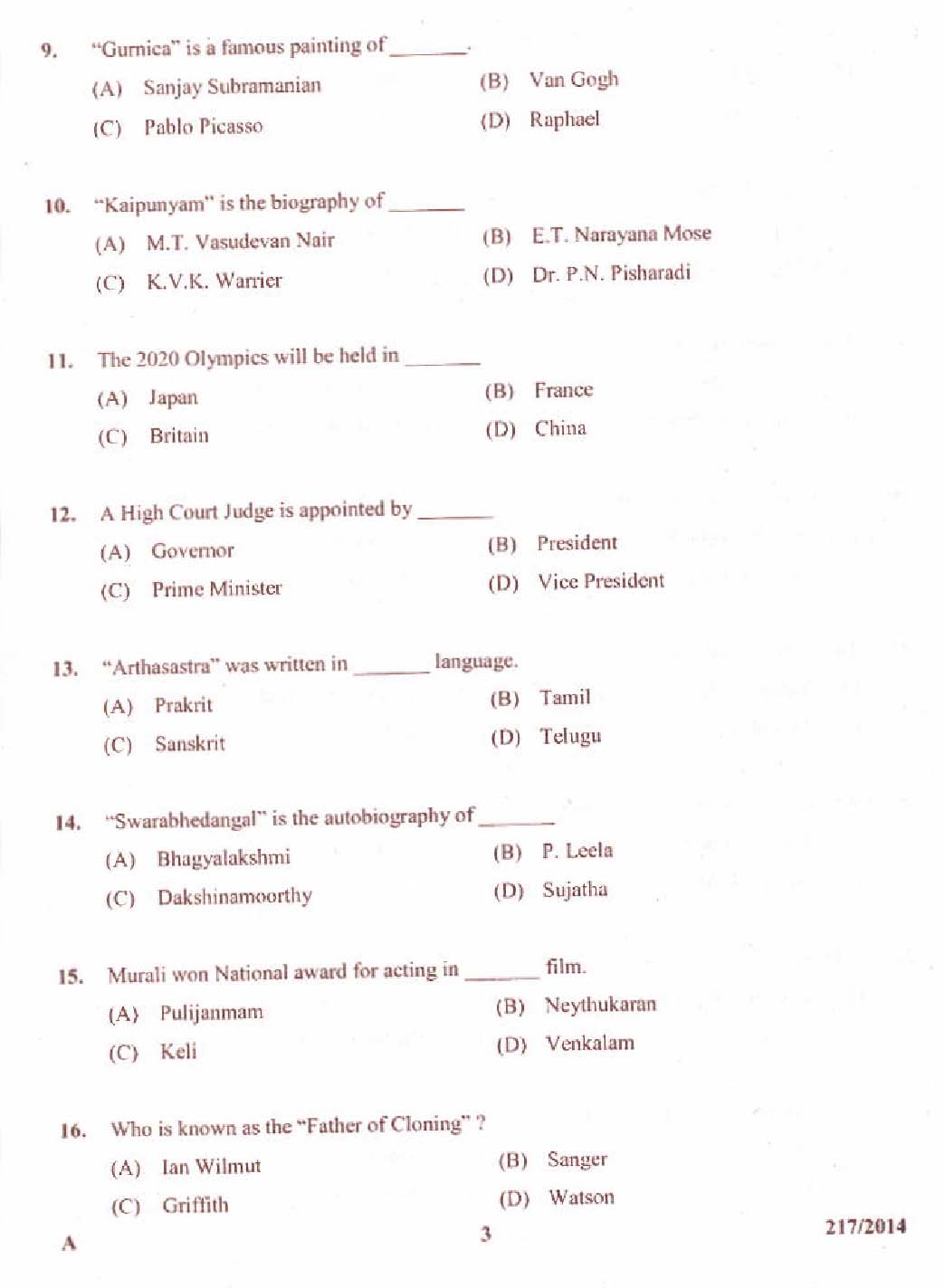 Kerala PSC Stenographer Exam 2014 Question Paper Code 2172014 3