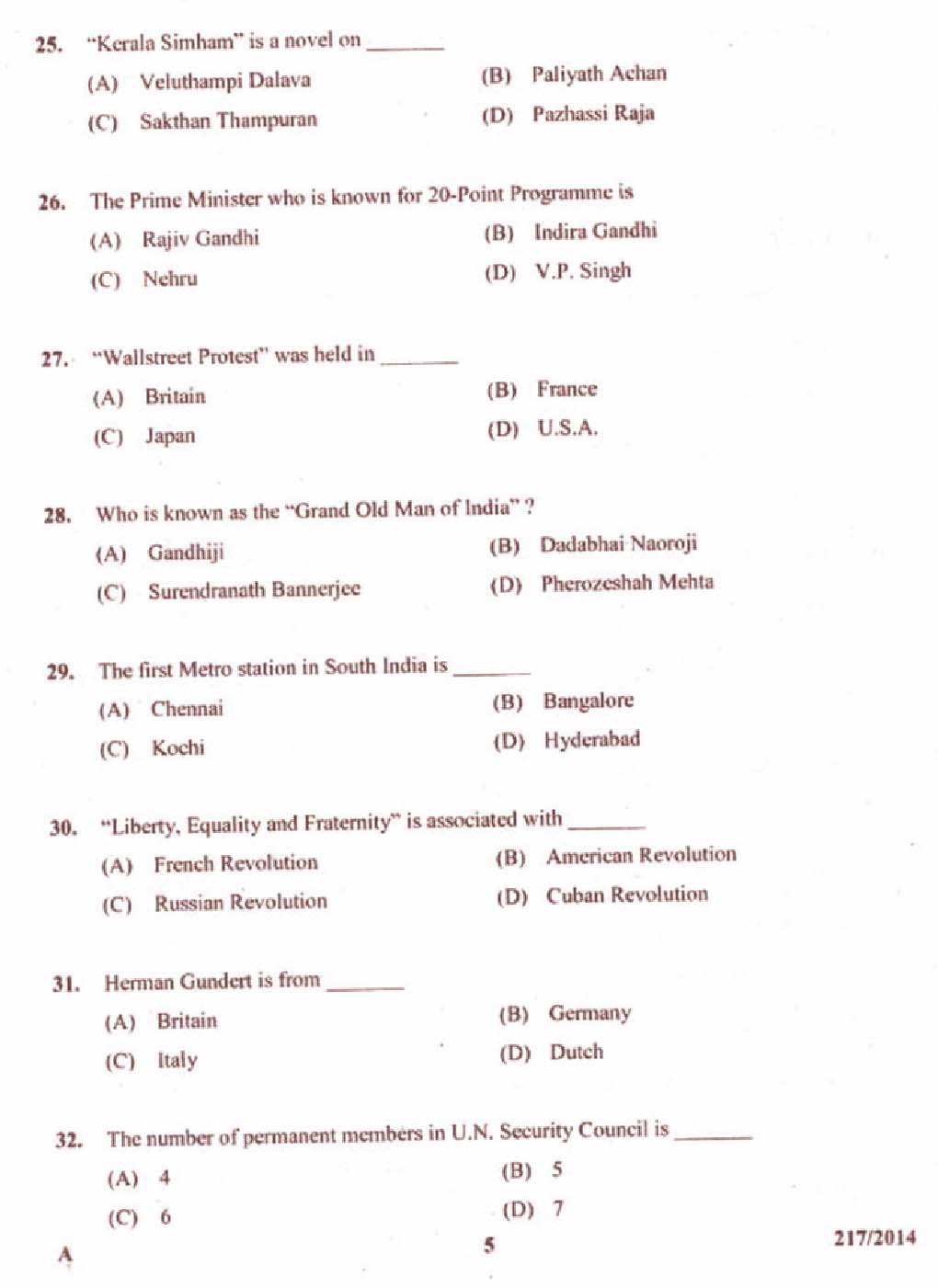 Kerala PSC Stenographer Exam 2014 Question Paper Code 2172014 5