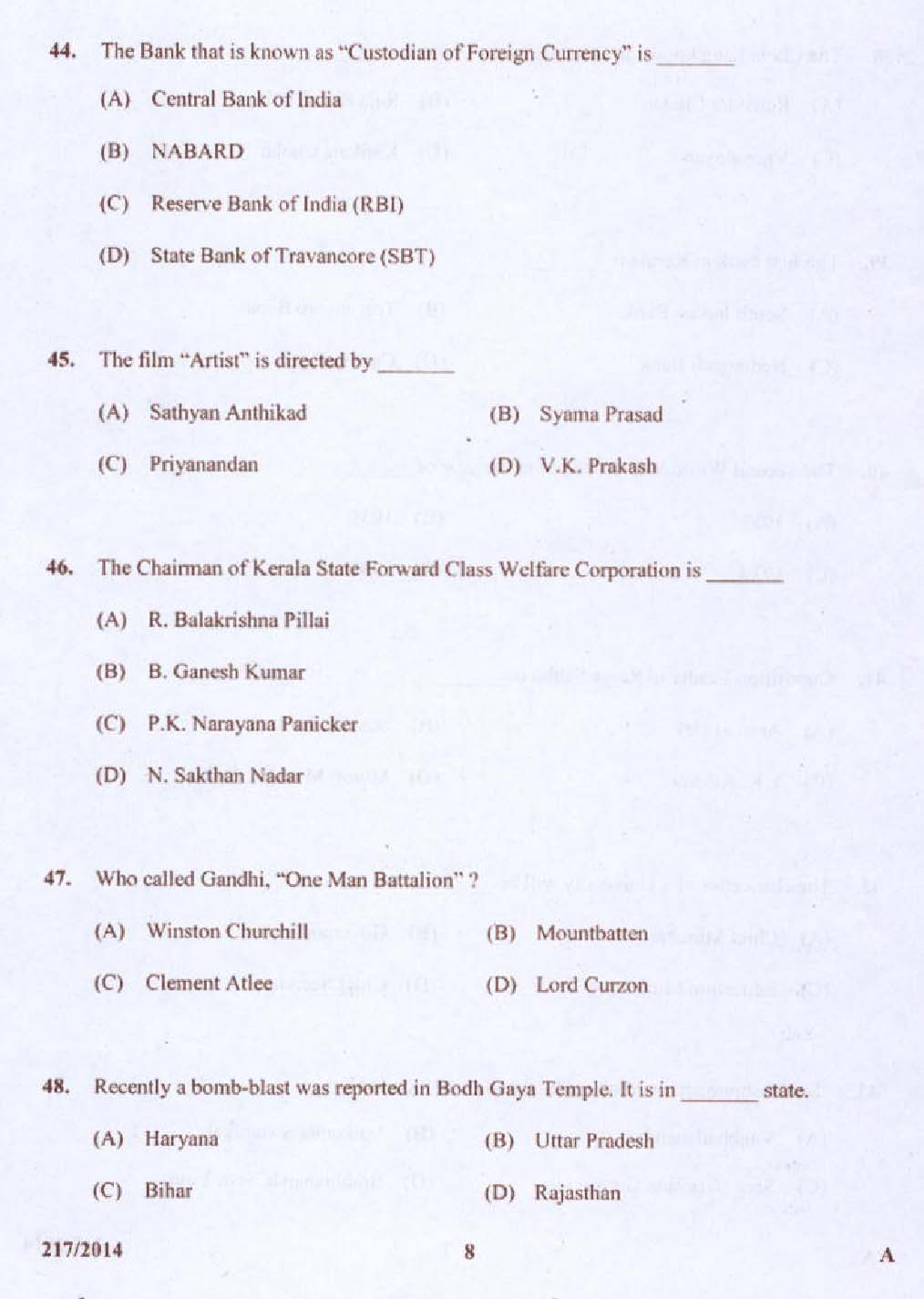 Kerala PSC Stenographer Exam 2014 Question Paper Code 2172014 8