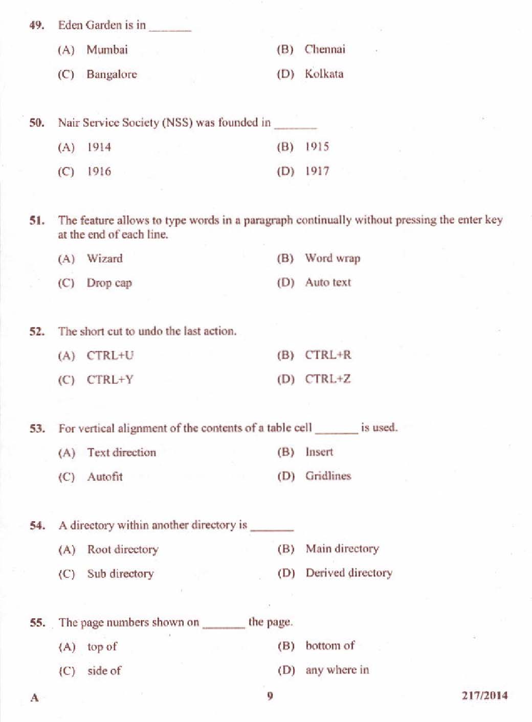 Kerala PSC Stenographer Exam 2014 Question Paper Code 2172014 9