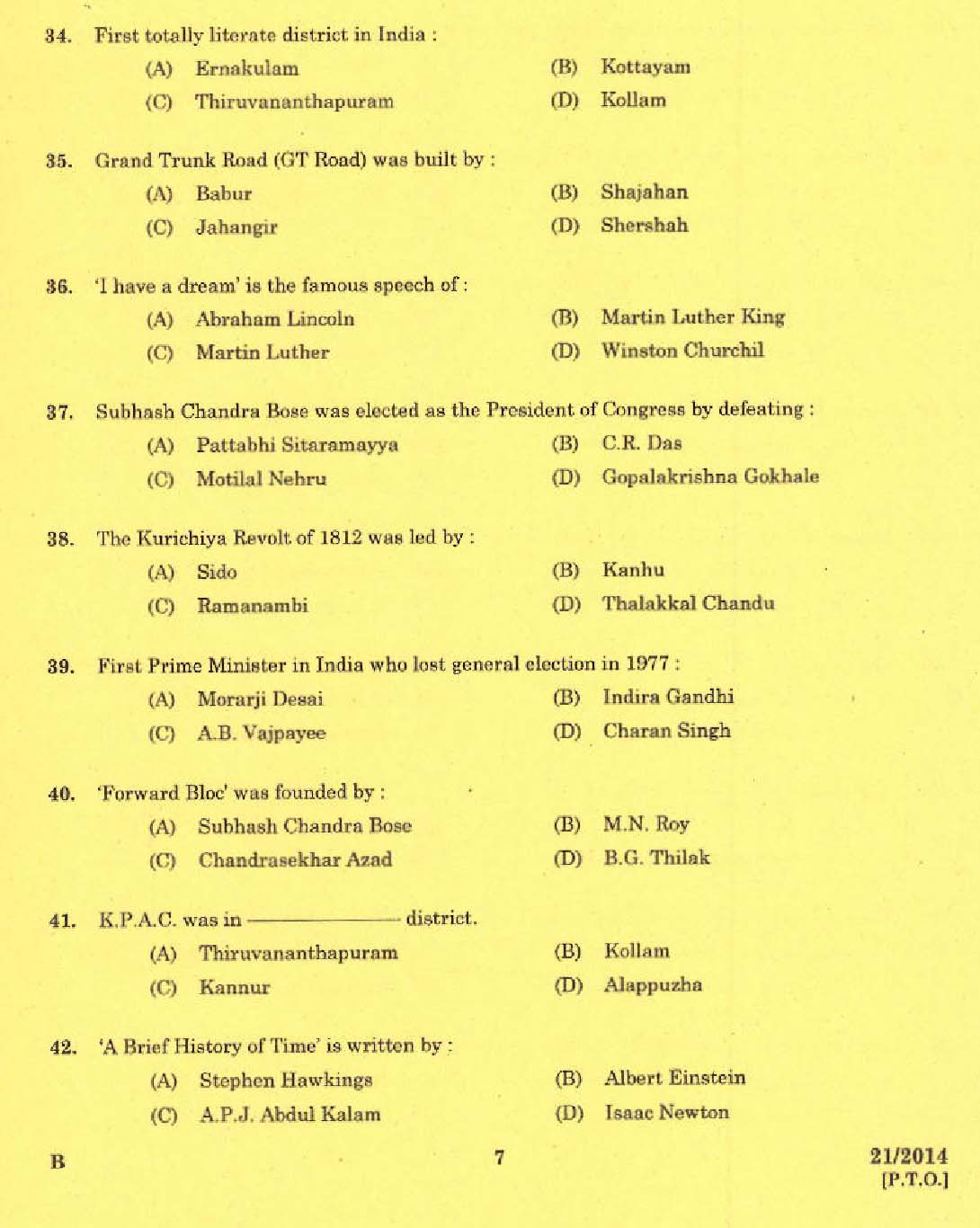 Kerala PSC Stenographer Grade II Exam 2014 Question Paper Code 212014 5