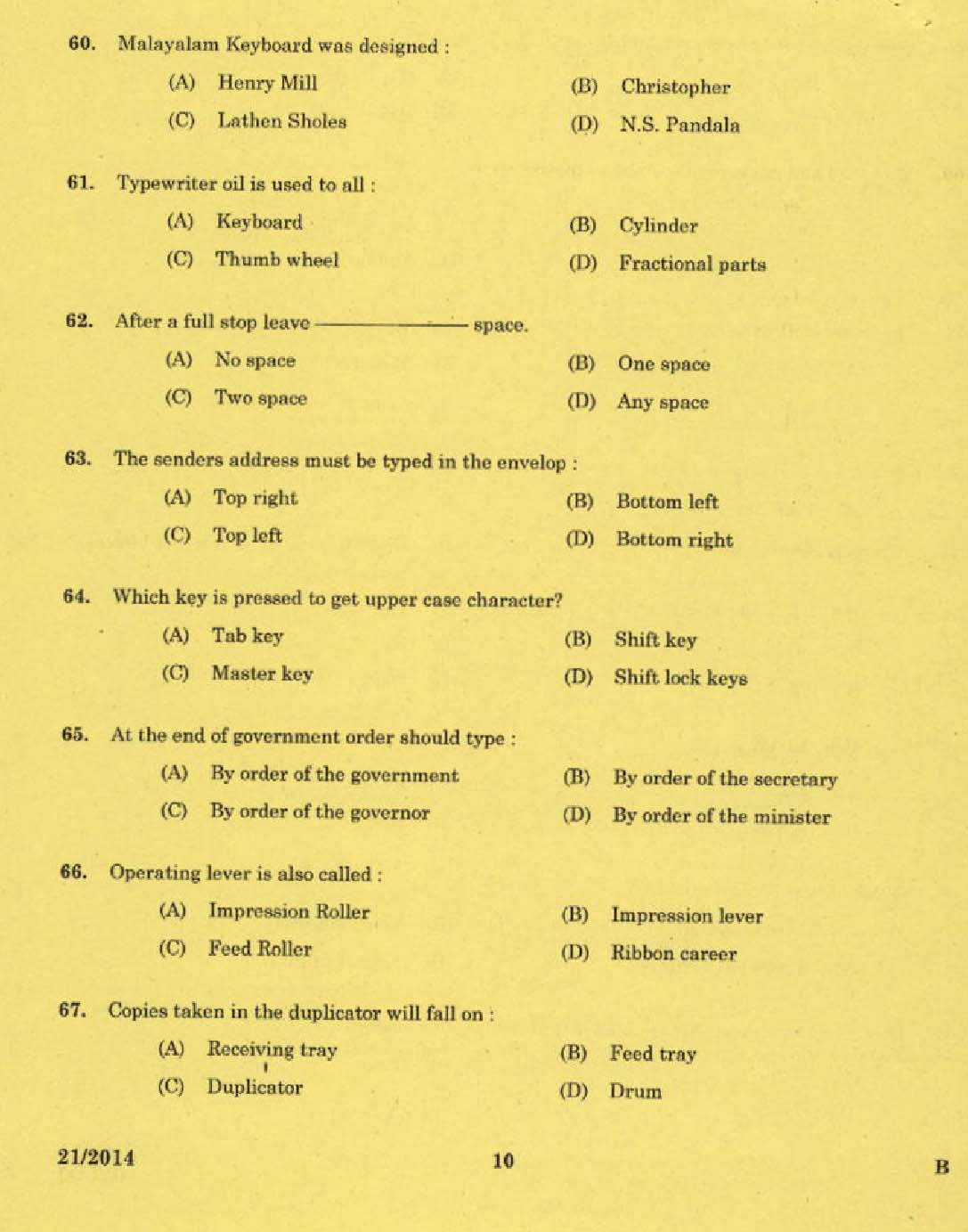 Kerala PSC Stenographer Grade II Exam 2014 Question Paper Code 212014 8