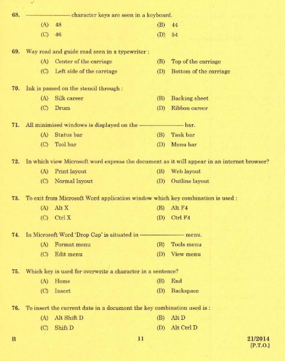 Kerala PSC Stenographer Grade II Exam 2014 Question Paper Code 212014 9