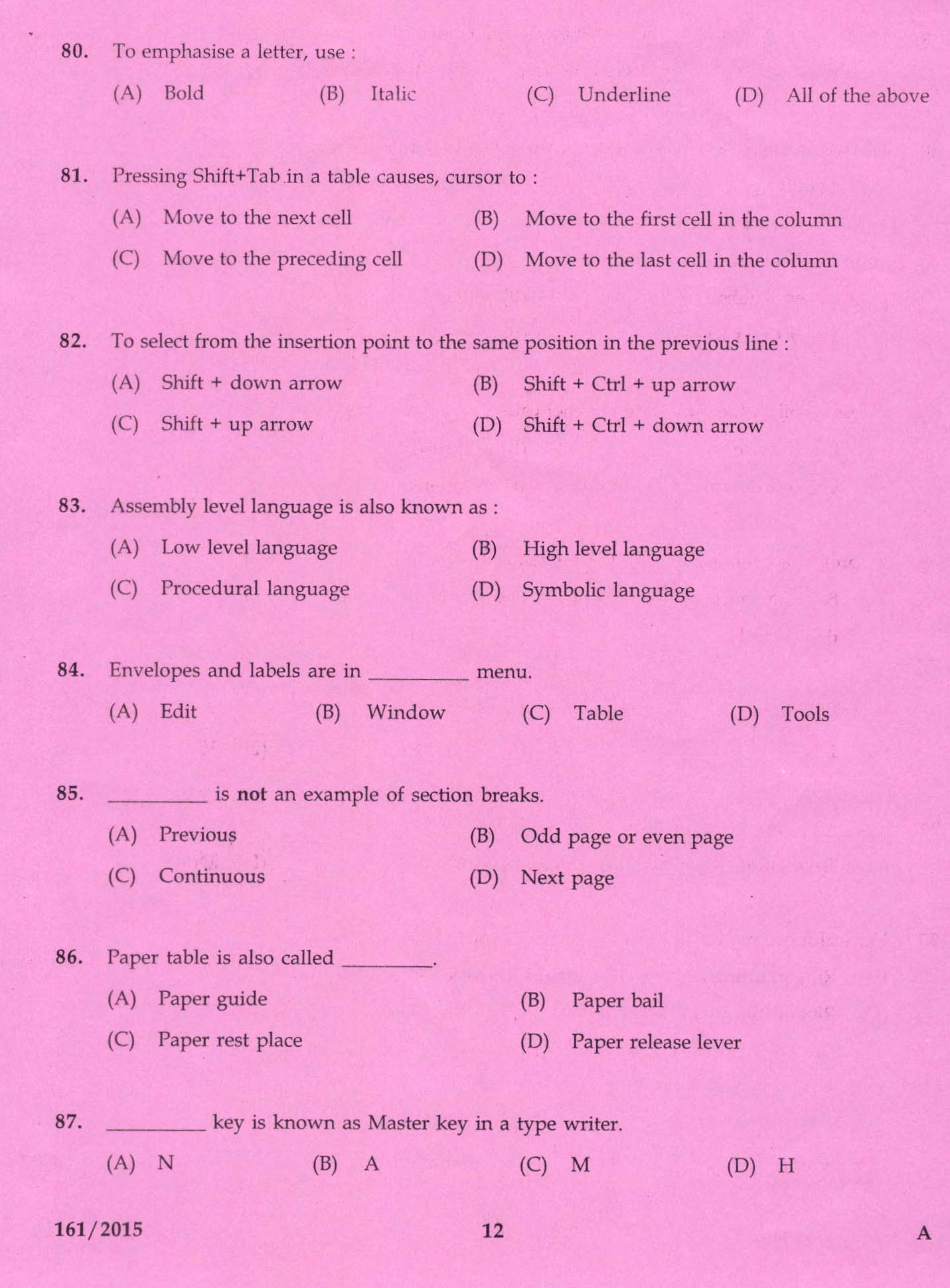 Kerala PSC Stenographer Grade IV Exam 2015 Question Paper Code 1612015 10