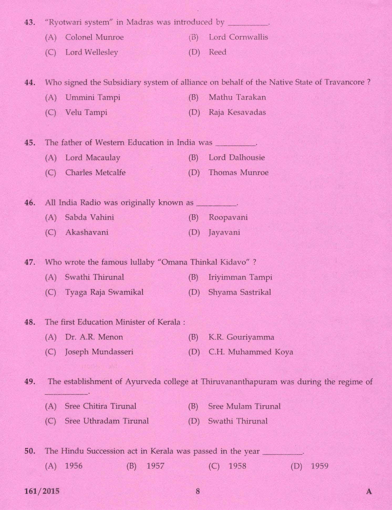Kerala PSC Stenographer Grade IV Exam 2015 Question Paper Code 1612015 6