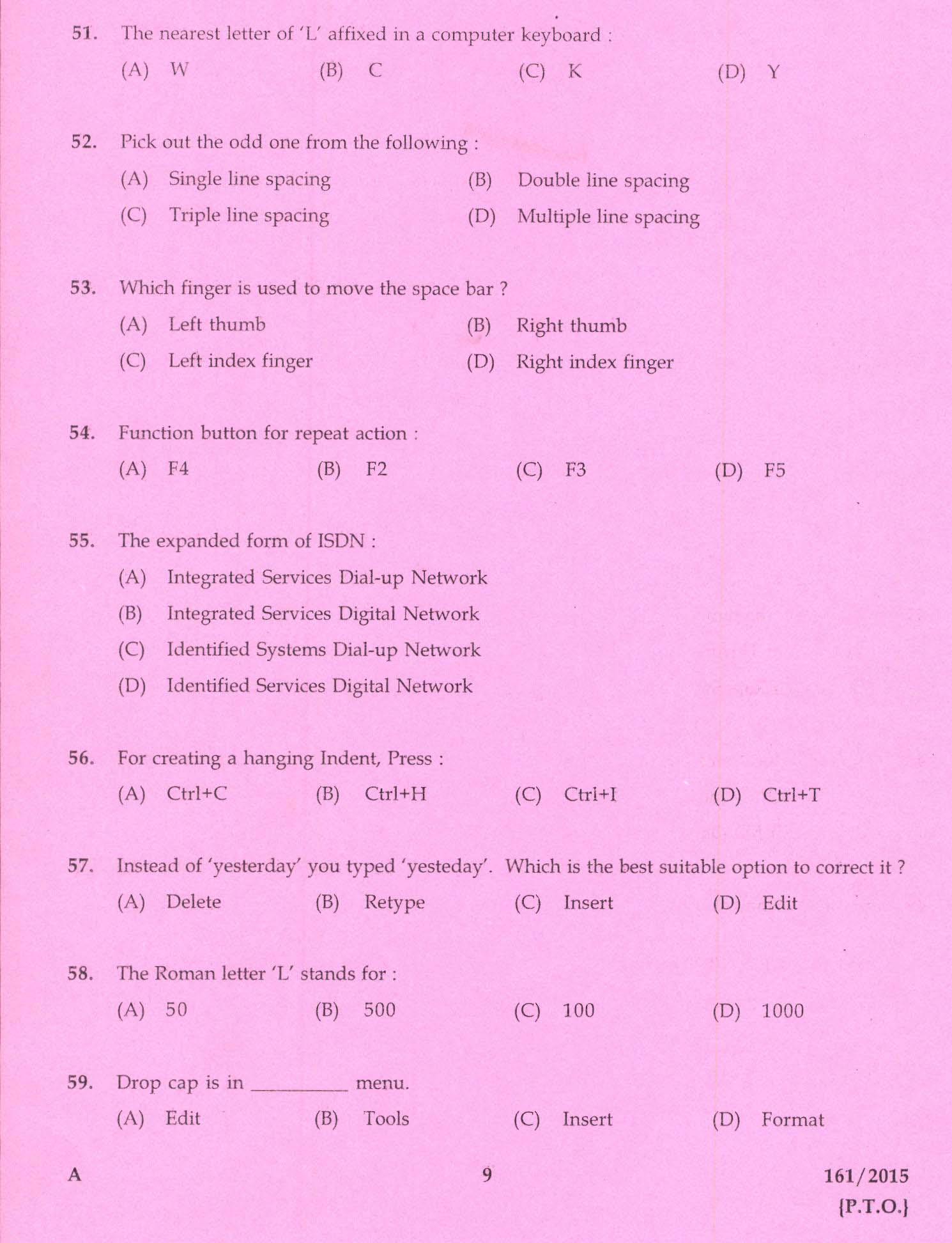 Kerala PSC Stenographer Grade IV Exam 2015 Question Paper Code 1612015 7