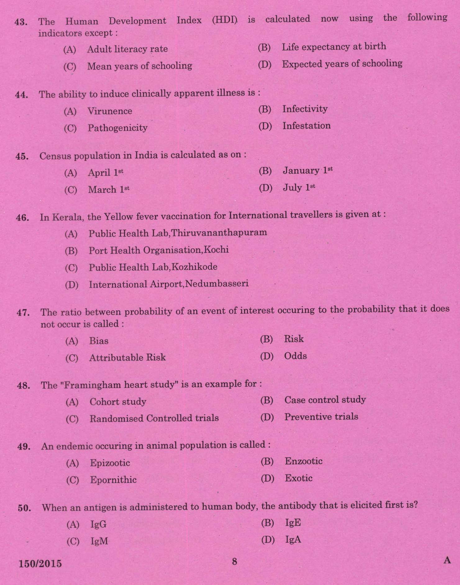 Kerala PSC Junior Health Inspector Exam Question 1502015 6