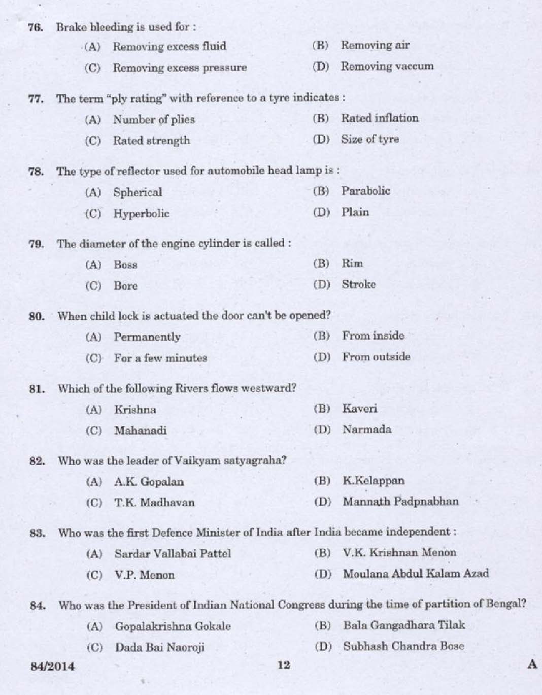 Kerala PSC Junior Instructor Exam 2014 Question Paper Code 842014 10