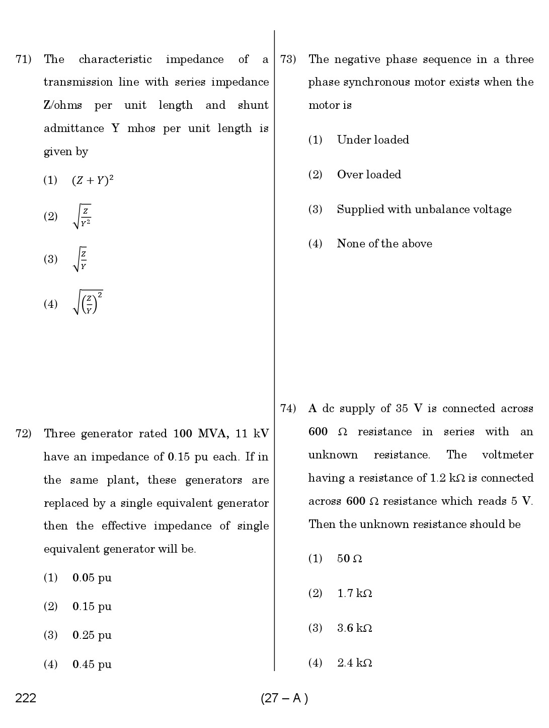 Karnataka PSC Assistant Engineer Electrical Exam Sample Question Paper 27