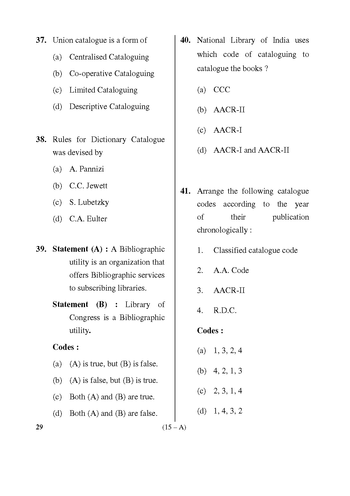 Karnataka PSC Assistant Librarian Exam Specific Paper Subject code 29 15