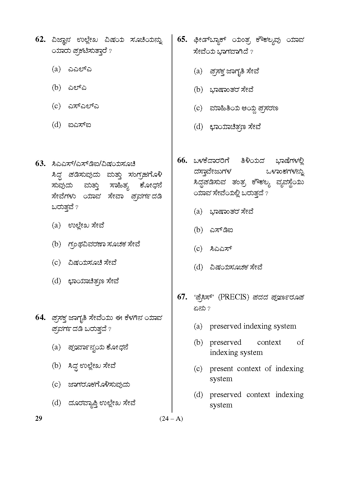 Karnataka PSC Assistant Librarian Exam Specific Paper Subject code 29 24