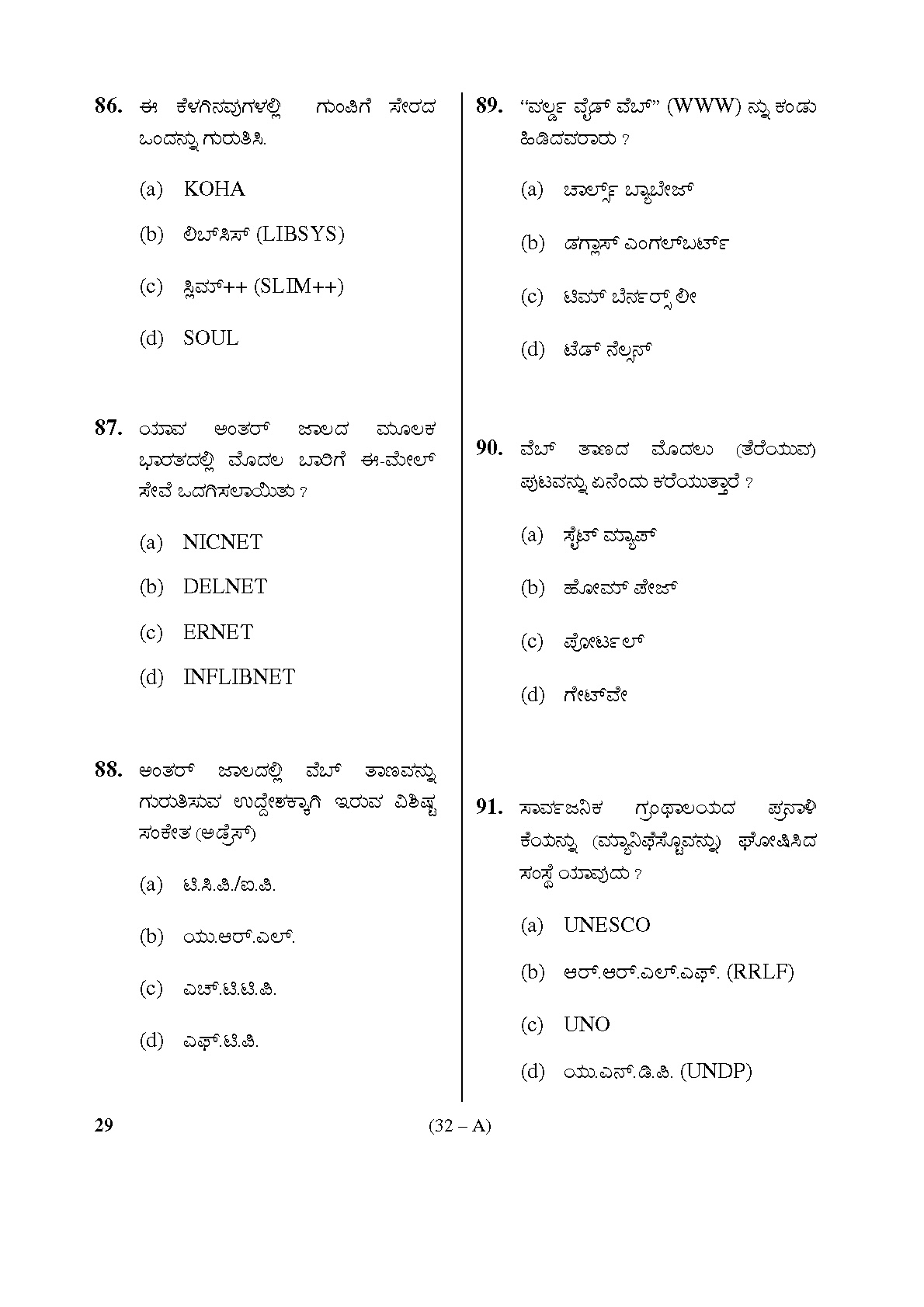 Karnataka PSC Assistant Librarian Exam Specific Paper Subject code 29 32