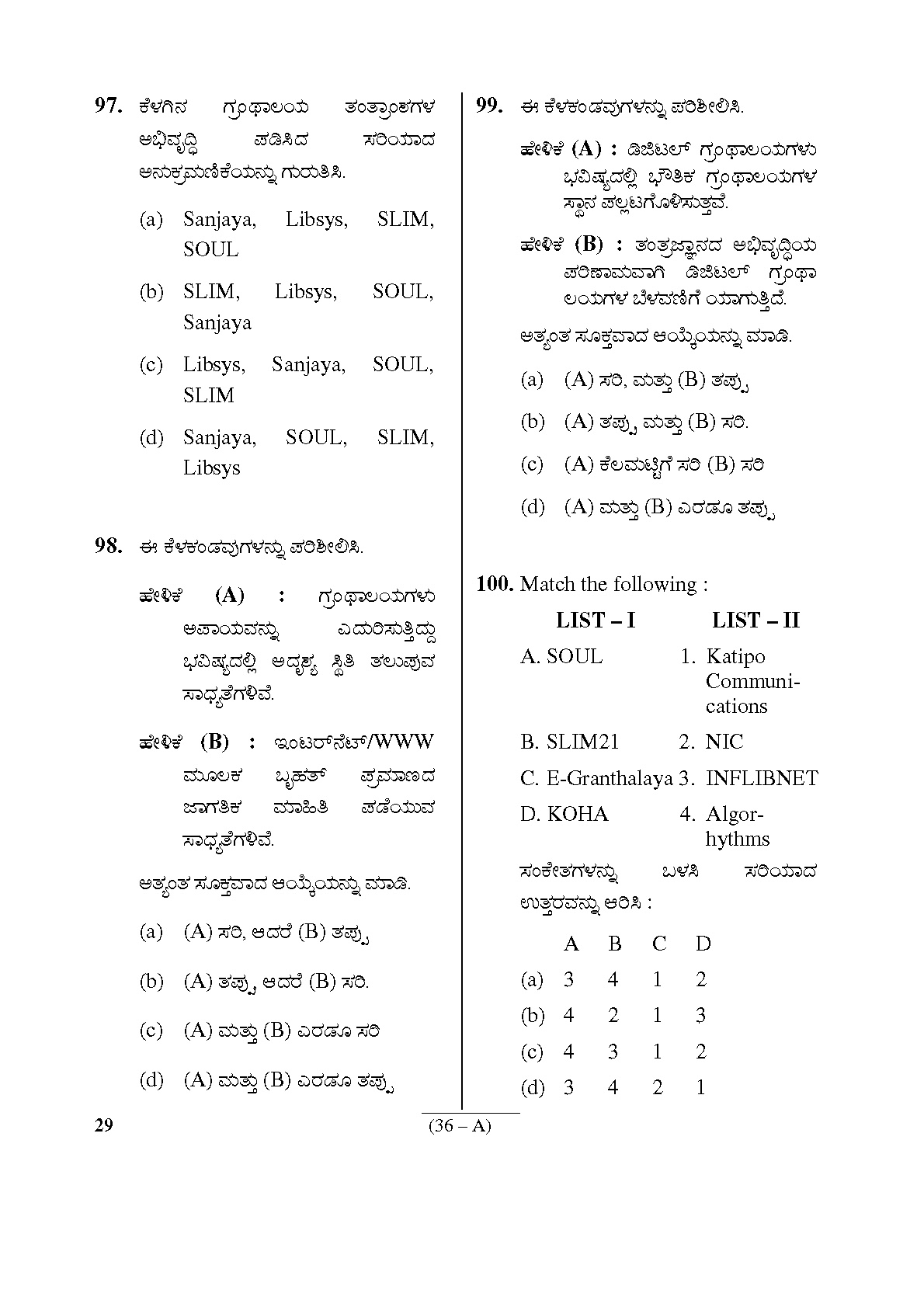 Karnataka PSC Assistant Librarian Exam Specific Paper Subject code 29 36