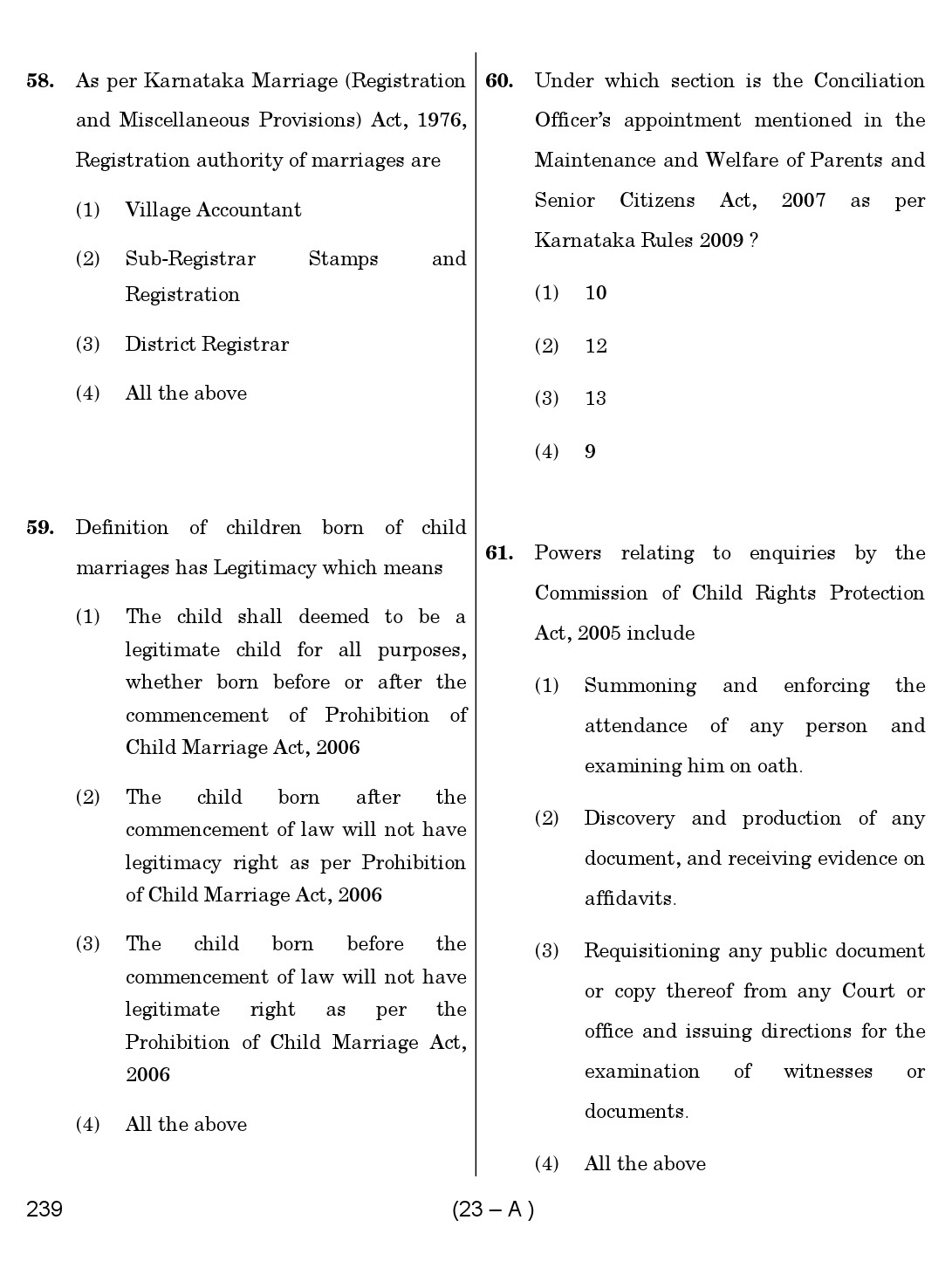 Karnataka PSC Child Development Project Officer Exam Sample Question Paper 23
