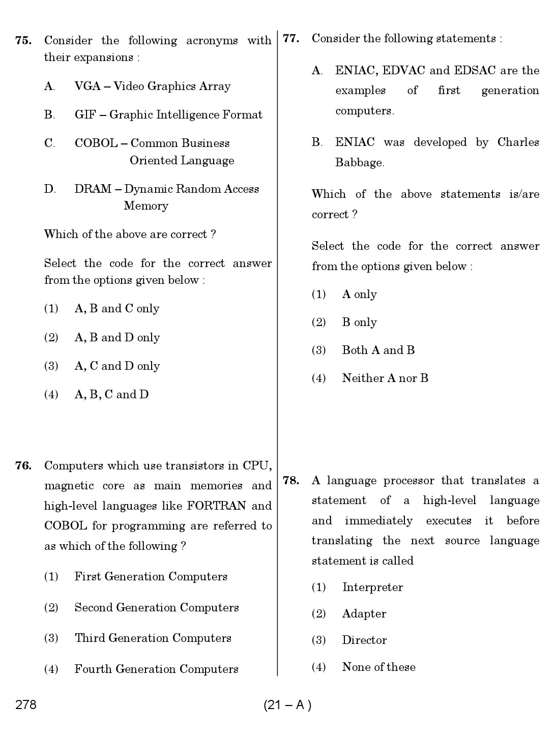 Karnataka PSC First Division Computer Assistants Exam Sample Question Paper 278 21