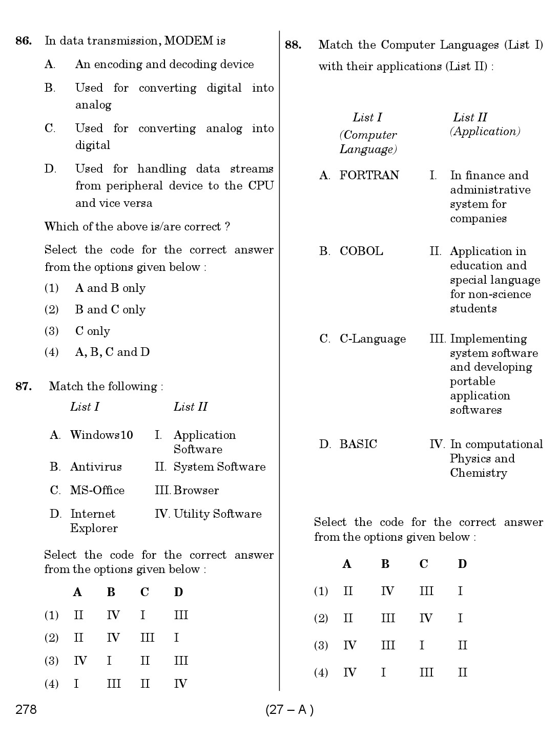 Karnataka PSC First Division Computer Assistants Exam Sample Question Paper 278 27
