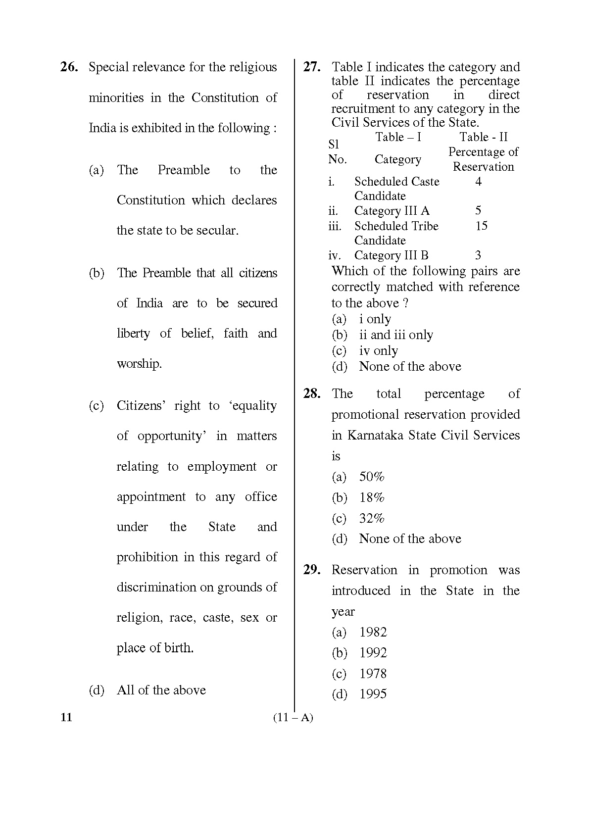 Karnataka PSC First Division Computer Assistants Exam Sample Question Paper 11
