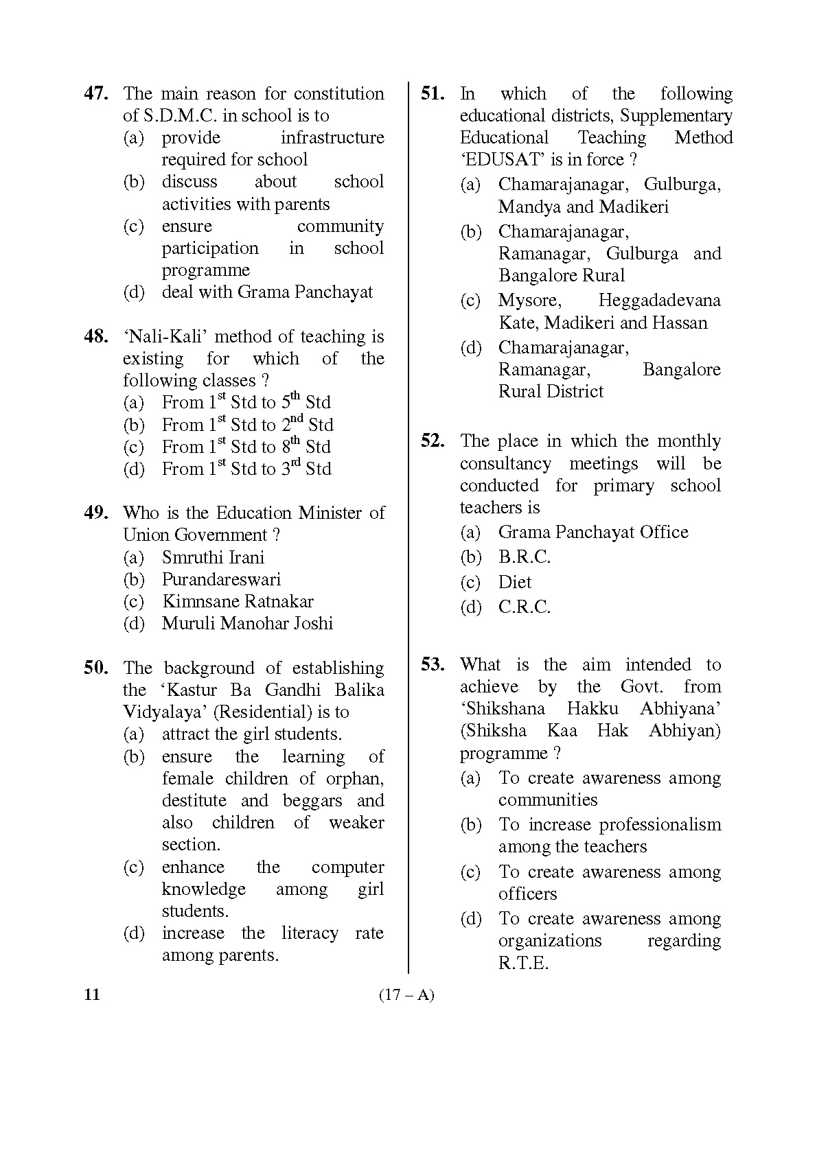 Karnataka PSC First Division Computer Assistants Exam Sample Question Paper 17