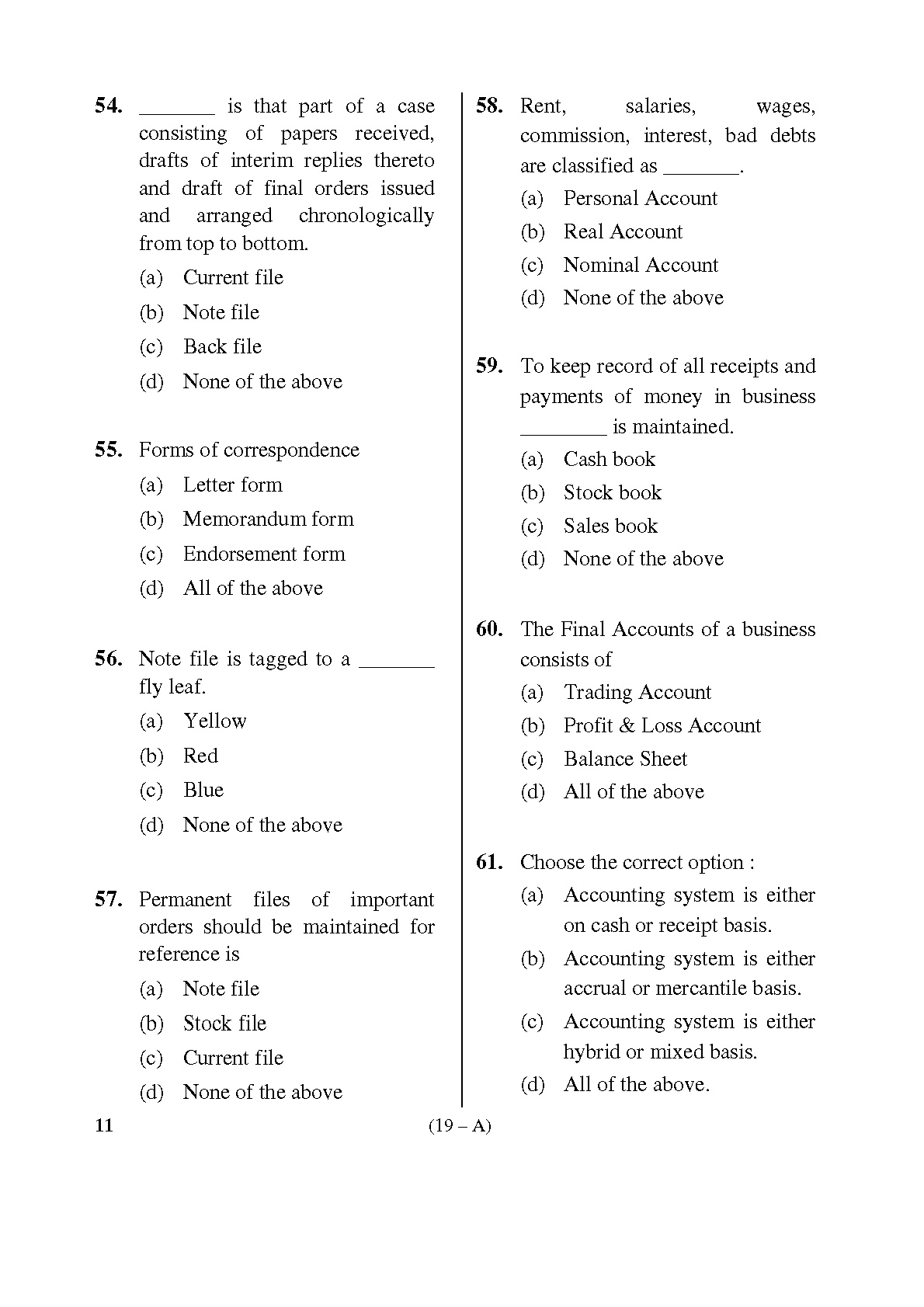 Karnataka PSC First Division Computer Assistants Exam Sample Question Paper 19
