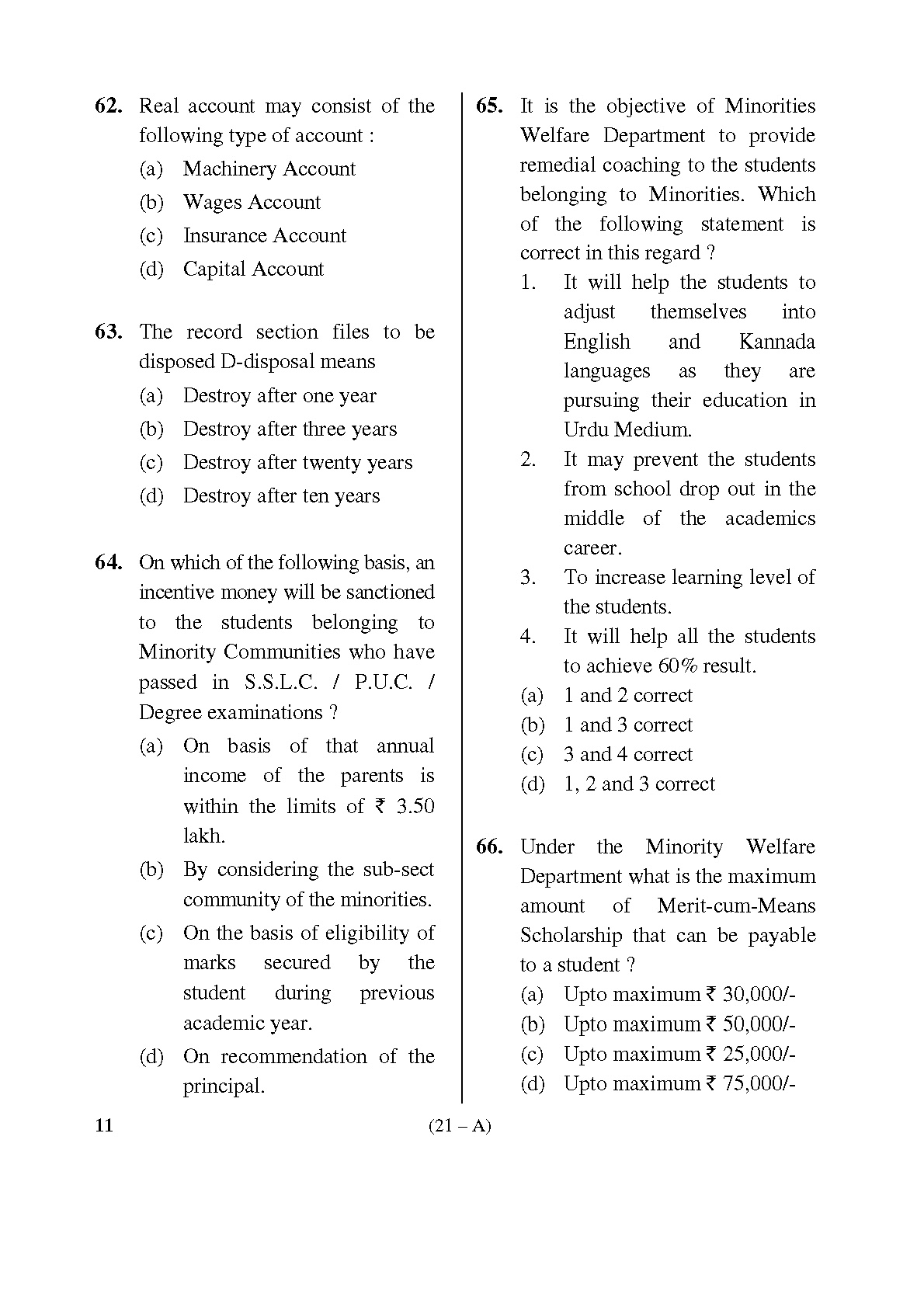 Karnataka PSC First Division Computer Assistants Exam Sample Question Paper 21