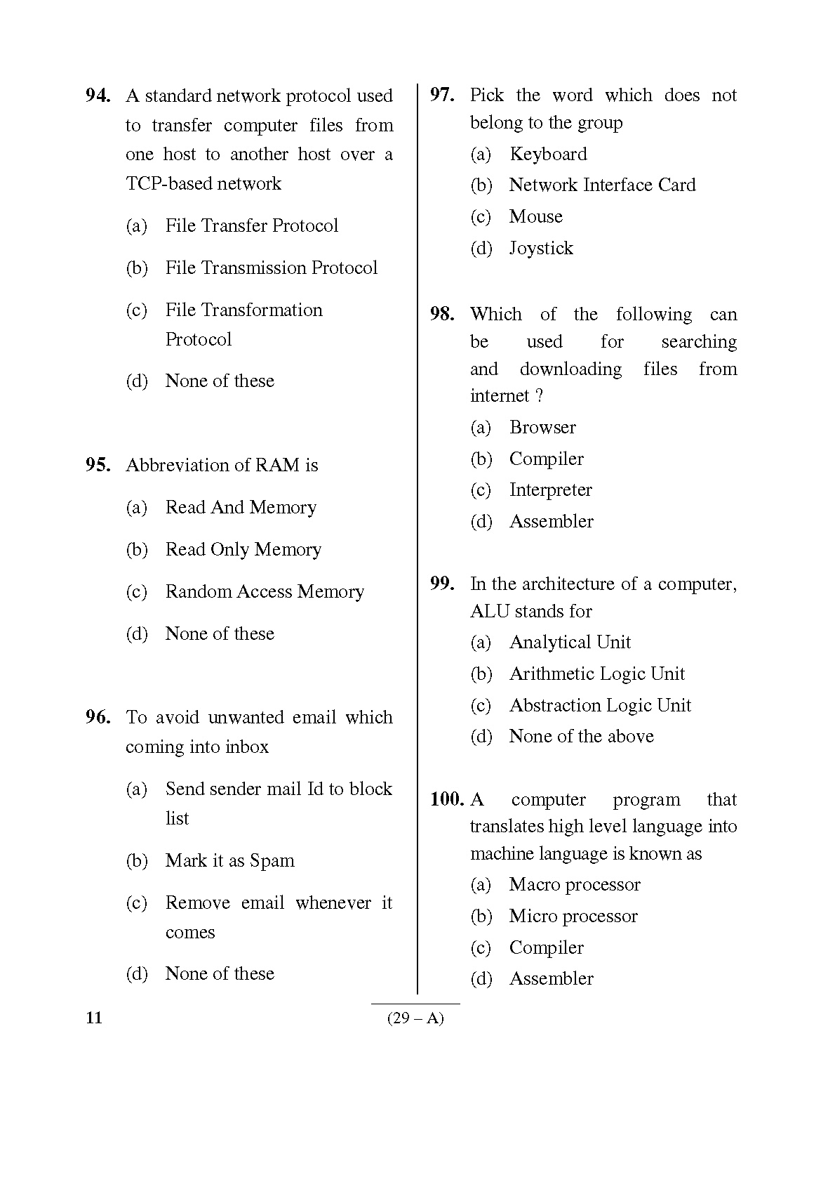 Karnataka PSC First Division Computer Assistants Exam Sample Question Paper 29
