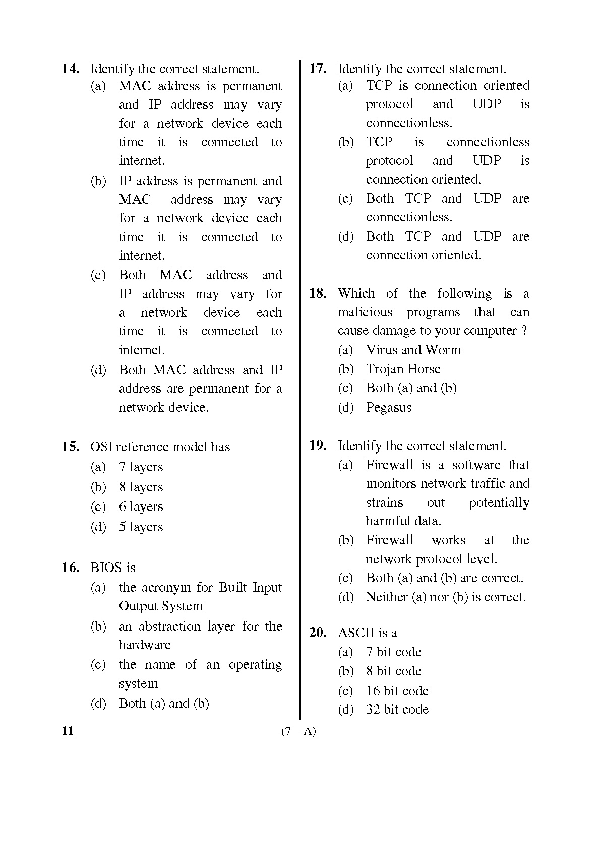 Karnataka PSC First Division Computer Assistants Exam Sample Question Paper 7