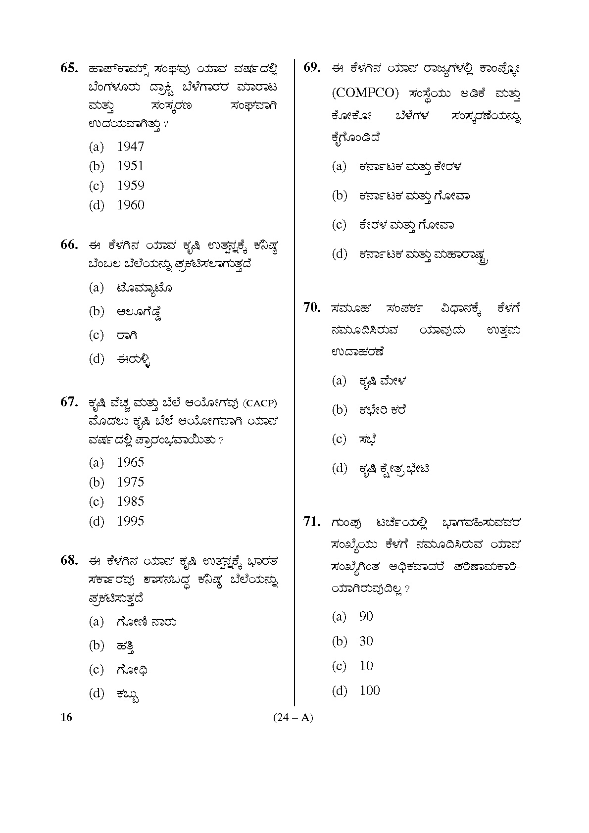 Karnataka PSC Inspector of Co operative Societies Exam Sample Question Paper 24