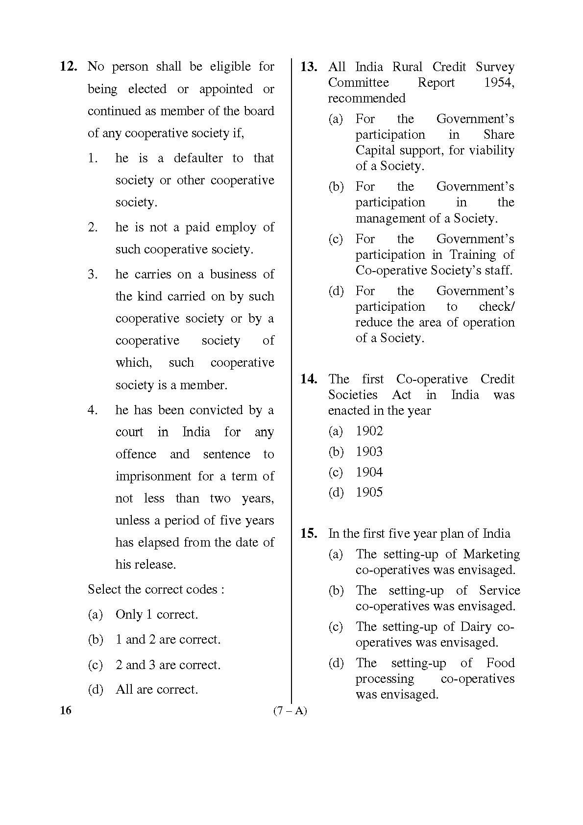 Karnataka PSC Inspector of Co operative Societies Exam Sample Question Paper 7