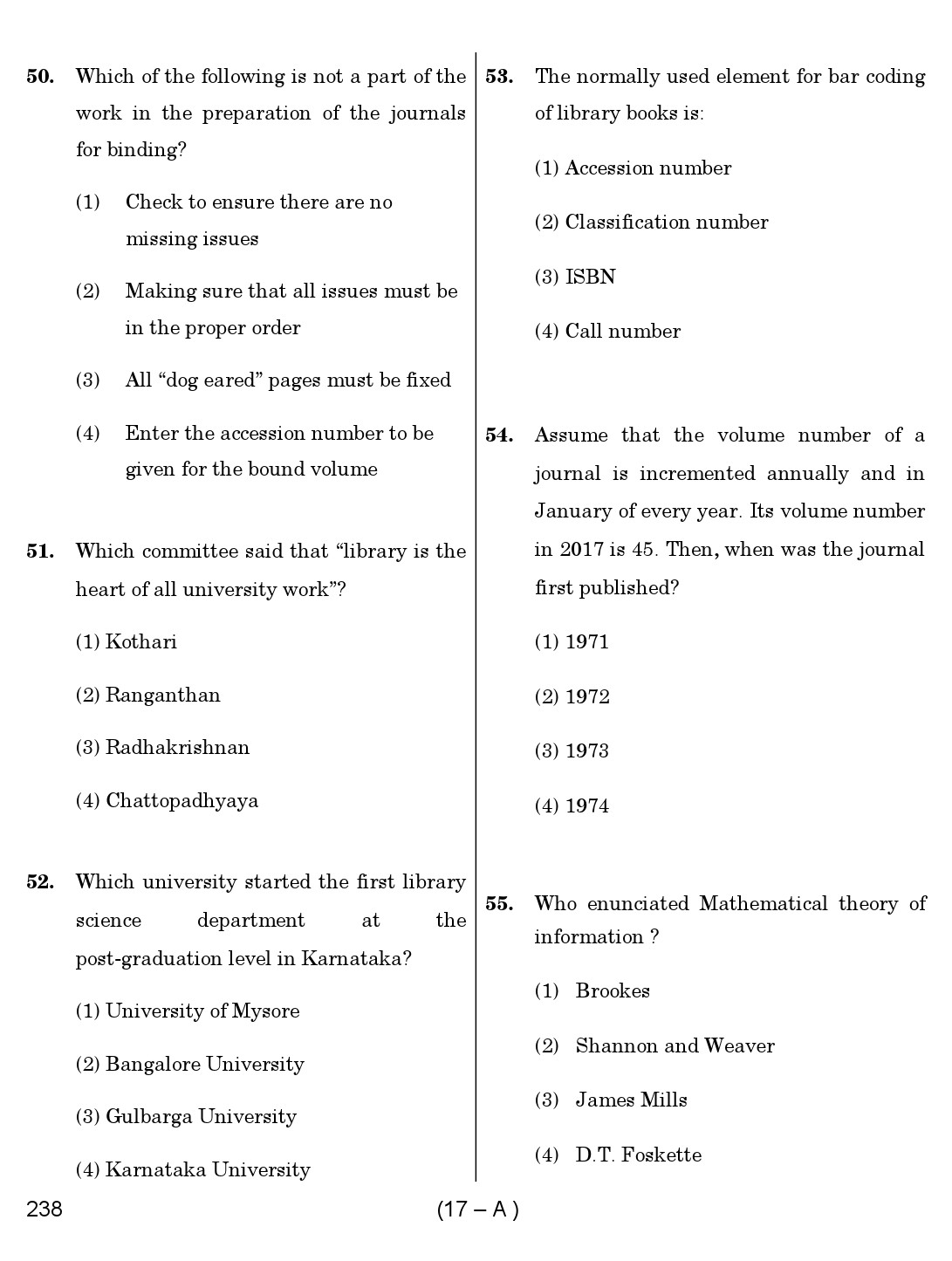 Karnataka PSC 238 Specific Paper II Librarian Exam Sample Question Paper 17