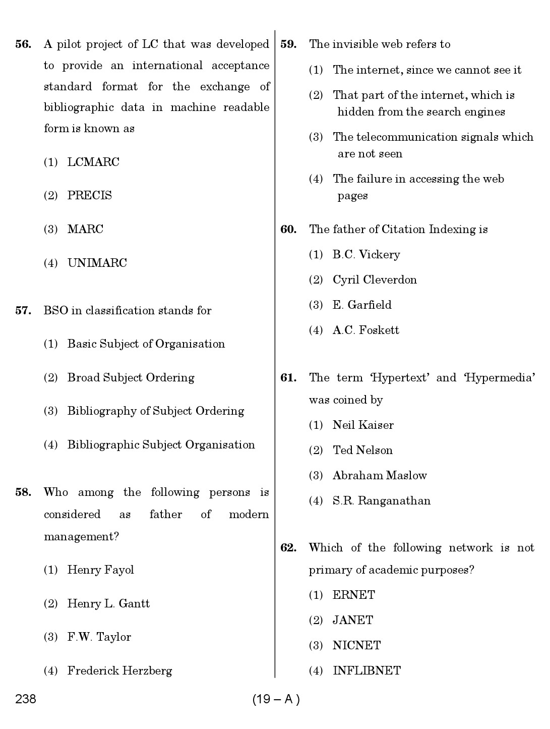 Karnataka PSC 238 Specific Paper II Librarian Exam Sample Question Paper 19