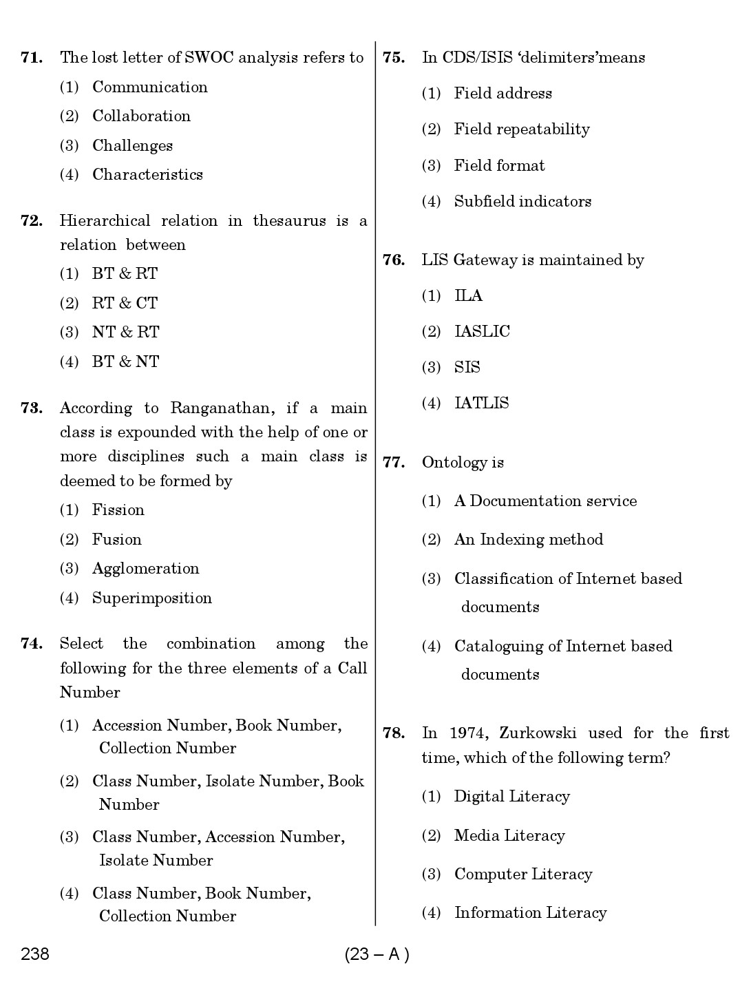 Karnataka PSC 238 Specific Paper II Librarian Exam Sample Question Paper 23