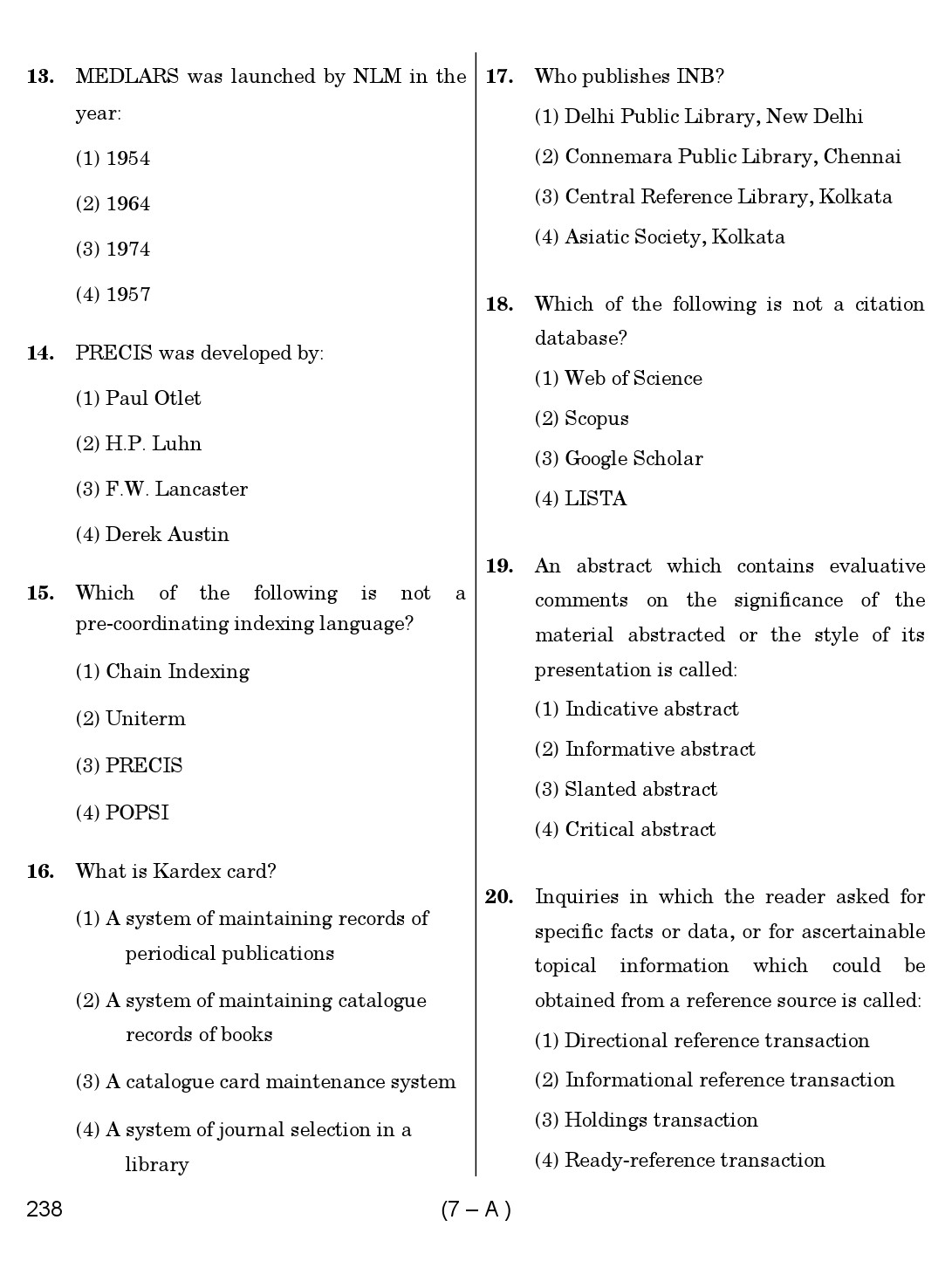 Karnataka PSC 238 Specific Paper II Librarian Exam Sample Question Paper 7