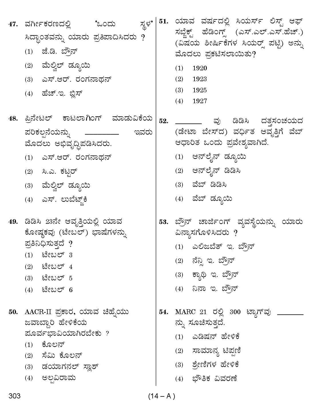 Karnataka PSC 303 Specific Paper II Librarian Exam Sample Question Paper 14