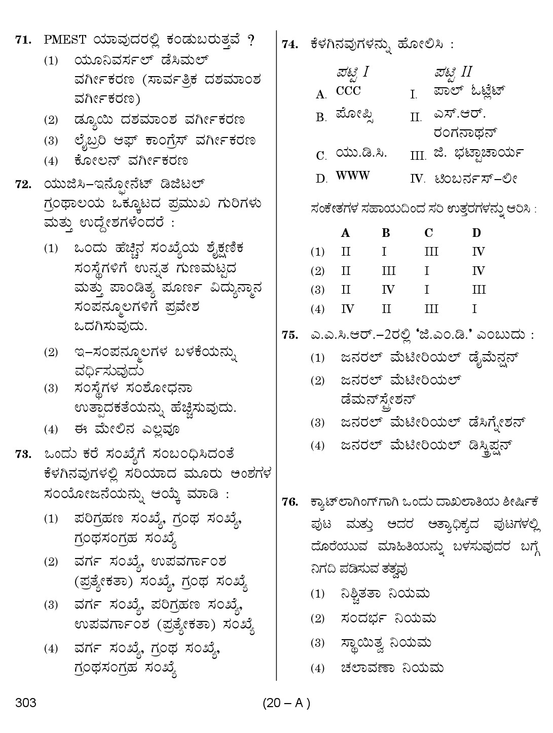Karnataka PSC 303 Specific Paper II Librarian Exam Sample Question Paper 20