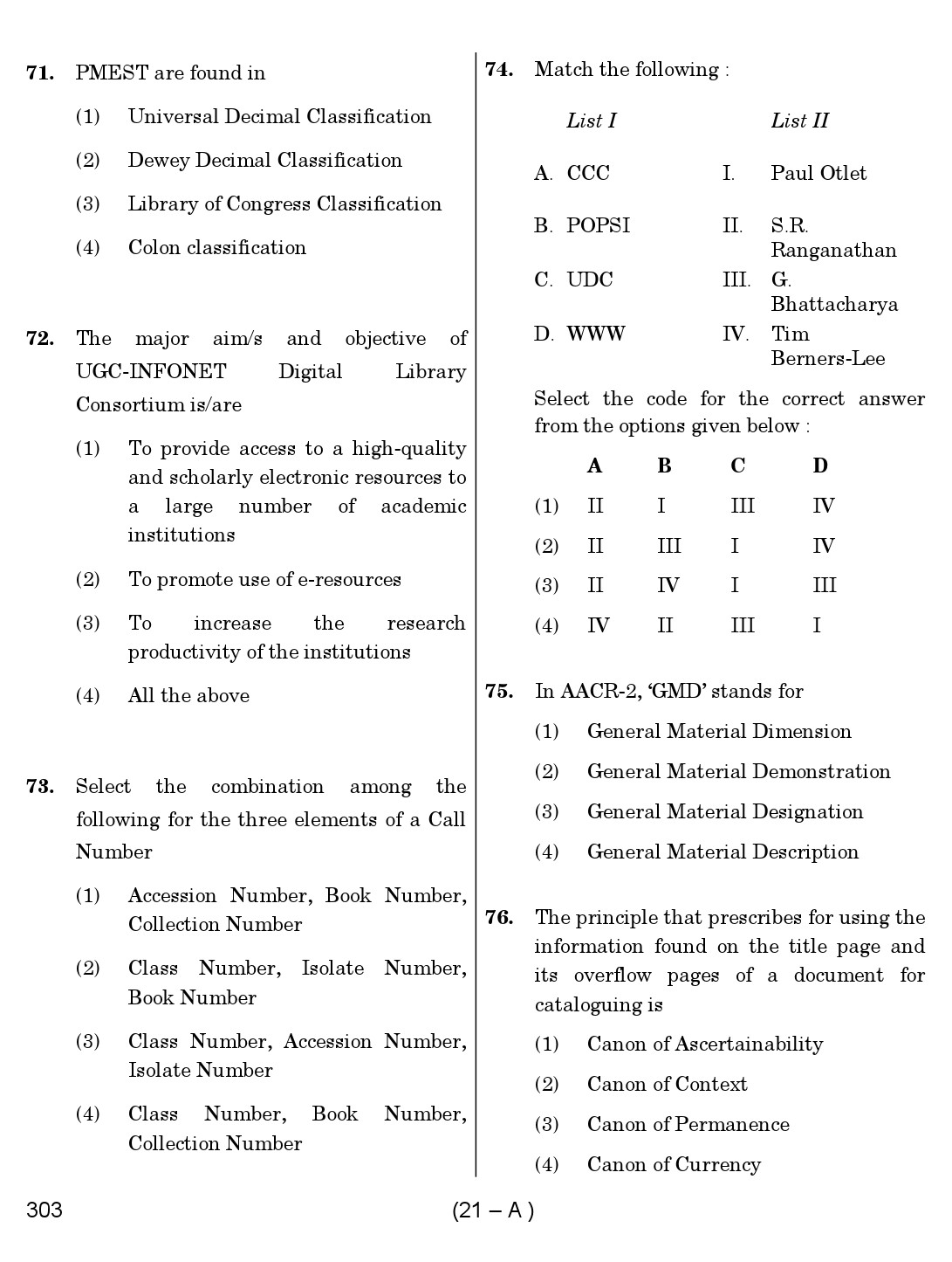 Karnataka PSC 303 Specific Paper II Librarian Exam Sample Question Paper 21