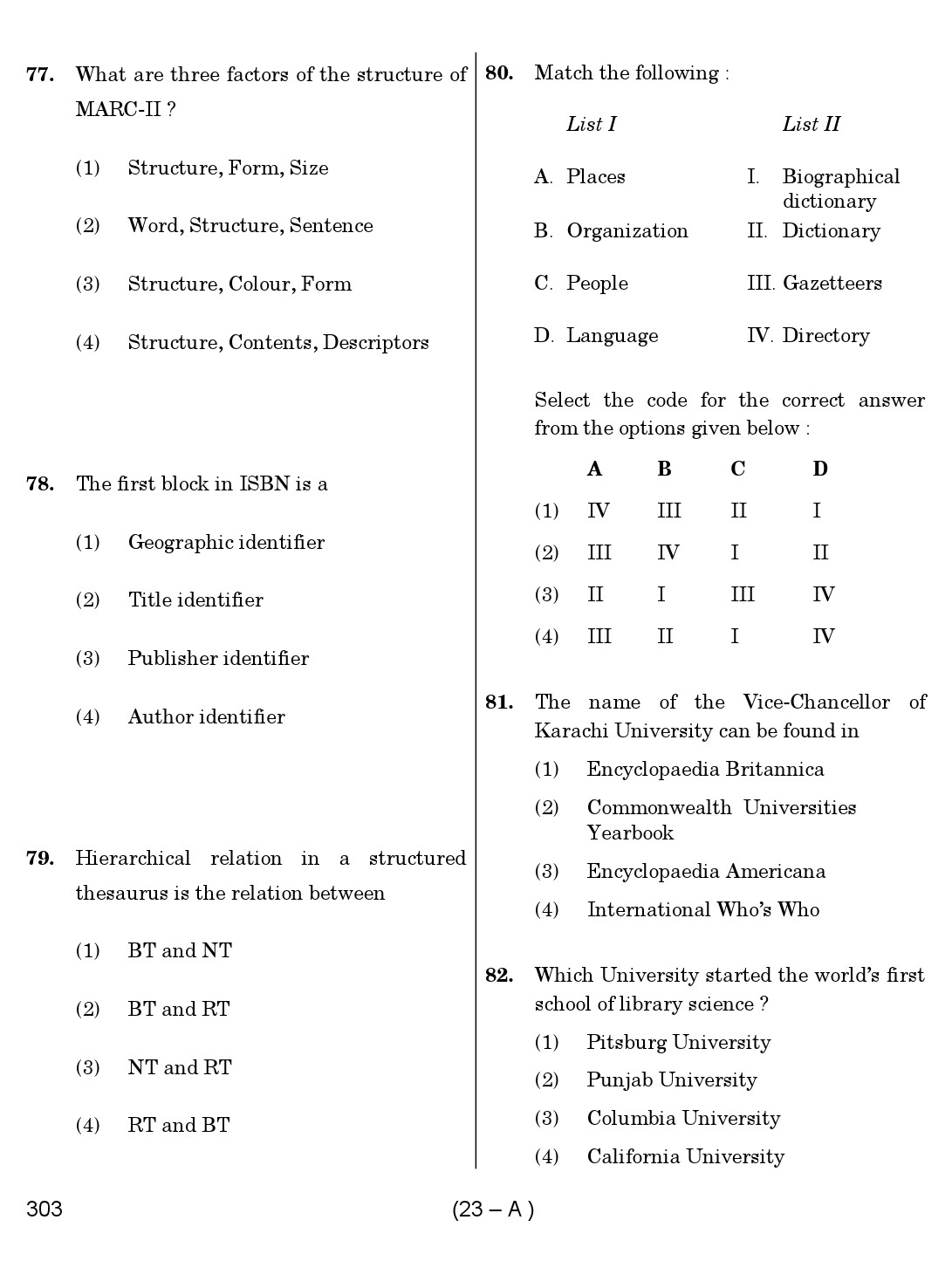 Karnataka PSC 303 Specific Paper II Librarian Exam Sample Question Paper 23