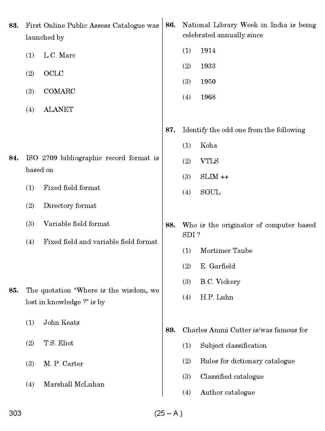 Karnataka PSC 303 Specific Paper II Librarian Exam Sample Question Paper 25