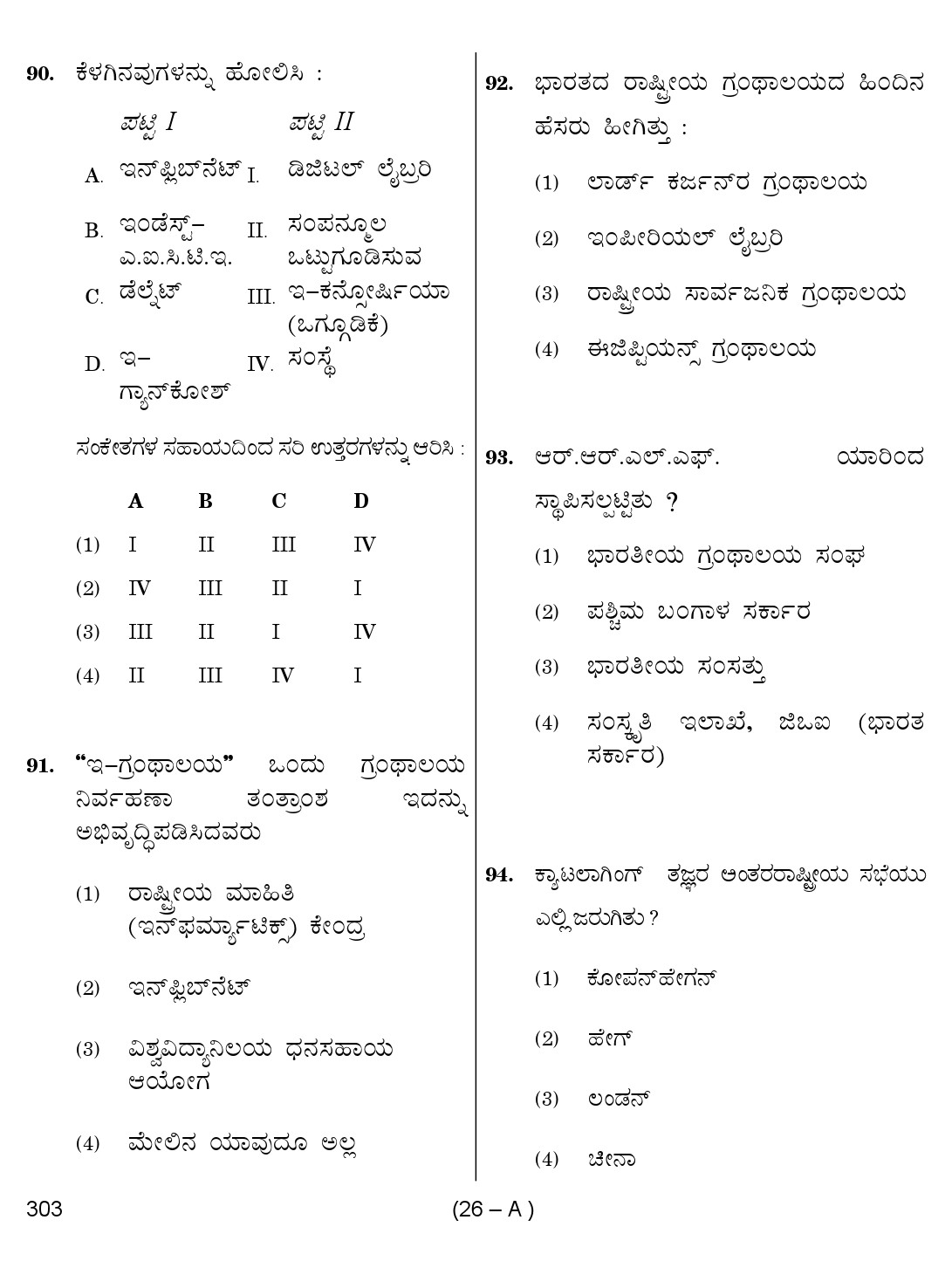 Karnataka PSC 303 Specific Paper II Librarian Exam Sample Question Paper 26