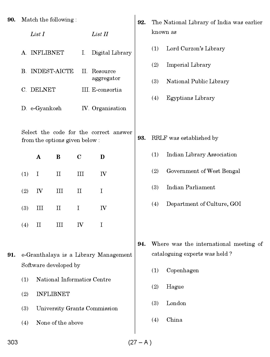 Karnataka PSC 303 Specific Paper II Librarian Exam Sample Question Paper 27