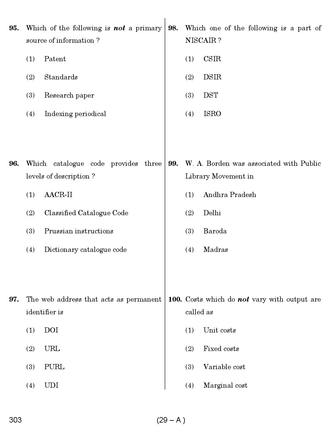 Karnataka PSC 303 Specific Paper II Librarian Exam Sample Question Paper 29
