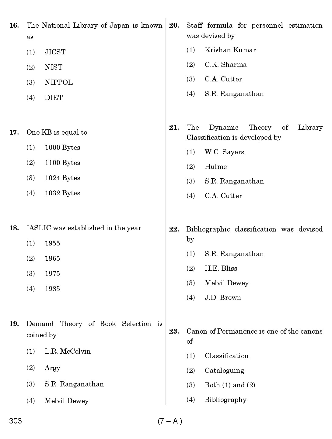 Karnataka PSC 303 Specific Paper II Librarian Exam Sample Question Paper 7