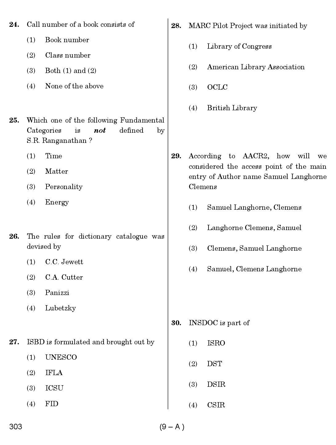 Karnataka PSC 303 Specific Paper II Librarian Exam Sample Question Paper 9