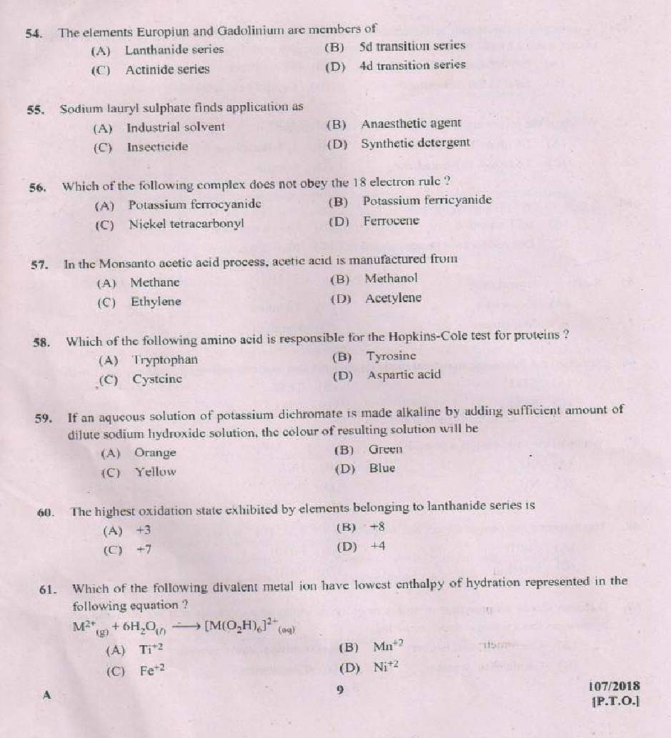 KPSC Junior Chemist Exam 2018 Code 1072018 8