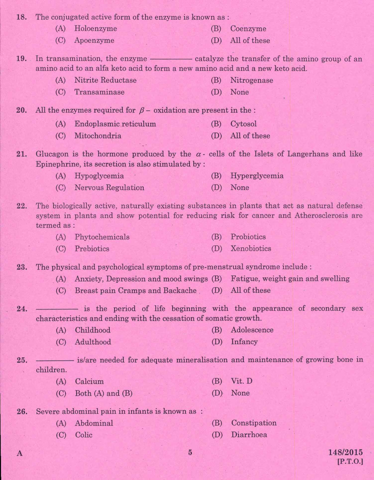 KPSC Lecturer Home Science Exam 2015 Code 1482015 3