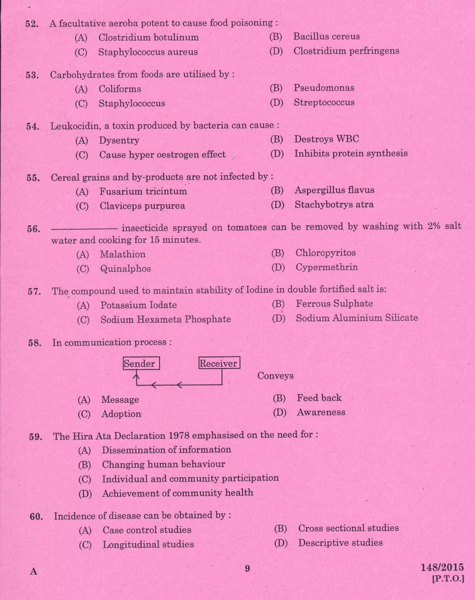 KPSC Lecturer Home Science Exam 2015 Code 1482015 7