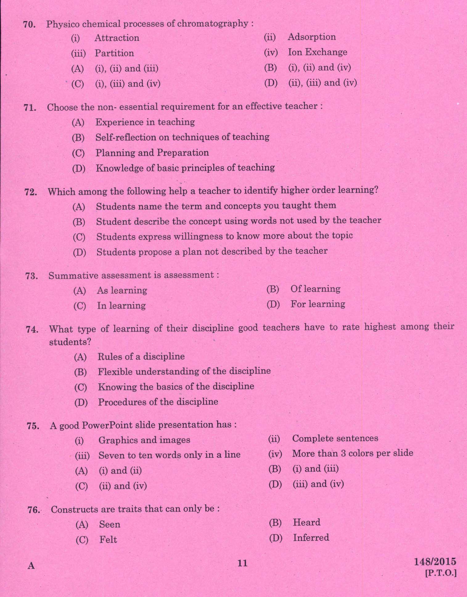 KPSC Lecturer Home Science Exam 2015 Code 1482015 9